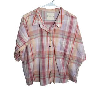 Lucky Brand Shirt Women's XL Pink Plaid Button Up Collared Sheer Oversized Top